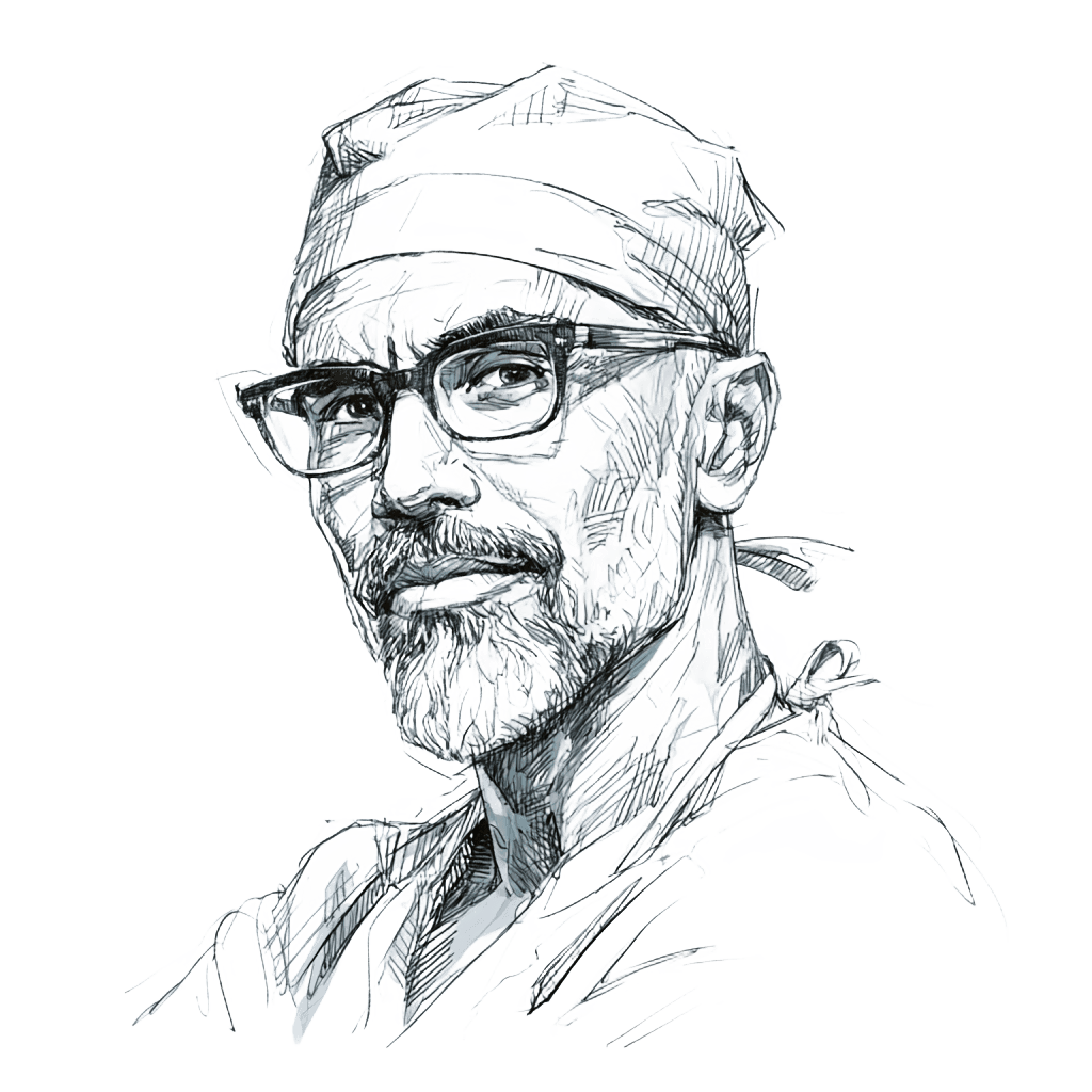 Ink sketch portrait of a senior surgeon in a scrub cap and glasses