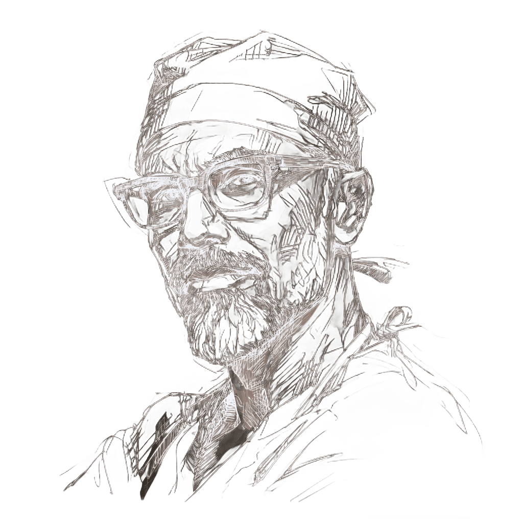 Ink sketch portrait of a senior surgeon in a scrub cap and glasses